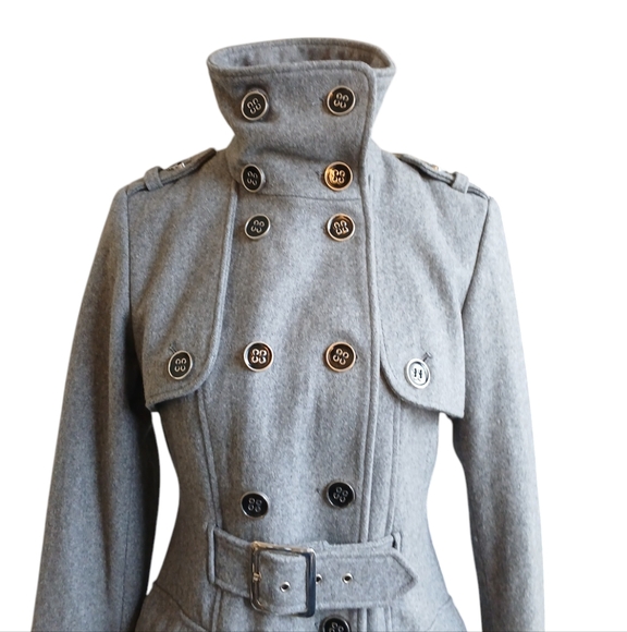 Green with Envy Gray Double Breasted Pea Coat Women's Belted Wool Jacket Small - Picture 3 of 11